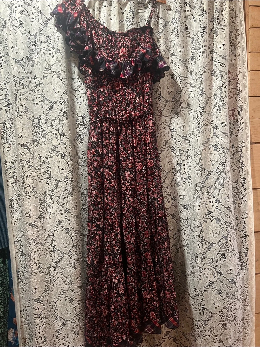 Free People One-Shoulder Floral Maxi Dress in Burgundy & Black Size Small